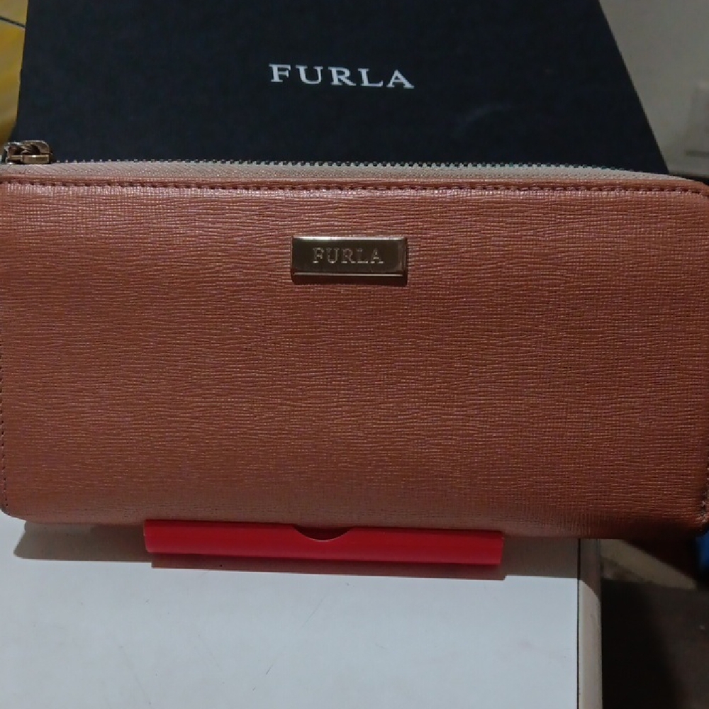 Furla Pink Saffiano Leather Zip Around Wallet Full Inclusion Signature Embossed